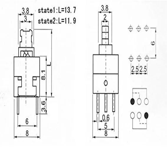 6 Pin Push Lock Button 7X7 PCB Mount DPDT Switch