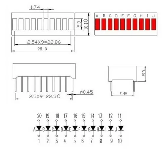 10 Segment LED Bar Graph Red