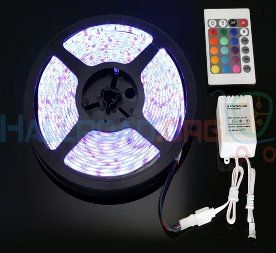 RGB LED Strip With Remote And Power Supply White Background 12v 5Meter 24 Key Remote