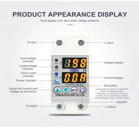 TOMZN TOVPD1-60 Adjustable Over And Under Voltage Relay Voltage Fluctuation Protection Device In Pakistan