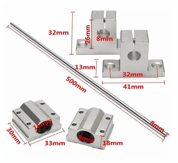 8mm x 500mm Linear Rail Shaft Rod with Bearing Guide Support and Bearing Block