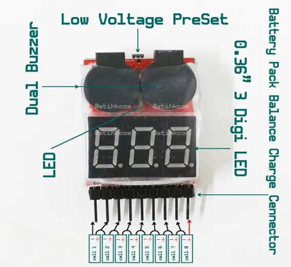 LiPo Buzzer Battery Voltage Indicator Volt Meter Battery Level Tester 1S-8S with Buzzer In Pakistan