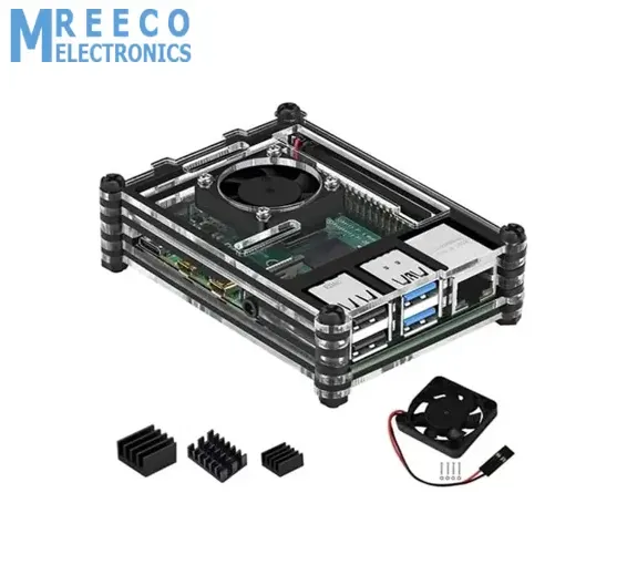 Transparent Acrylic Case For Raspberry Pi 4B With Cooling Fan And Heat Sink Clear And Black Case