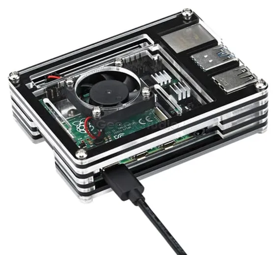 Transparent Acrylic Case For Raspberry Pi 4B With Cooling Fan And Heat Sink Clear And Black Case